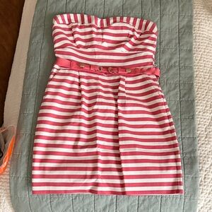 As U Wish Pink and White Striped Strapless Dress with Slim Belt